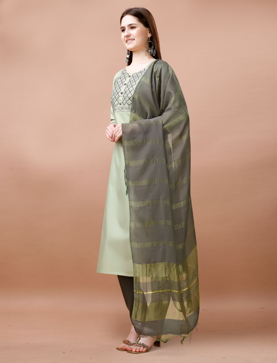 Sage Green Embroidered Cotton Kurta Pant Dupatta Set