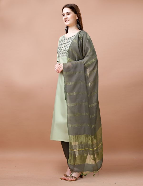 Sage Green Embroidered Cotton Kurta Pant Dupatta Set