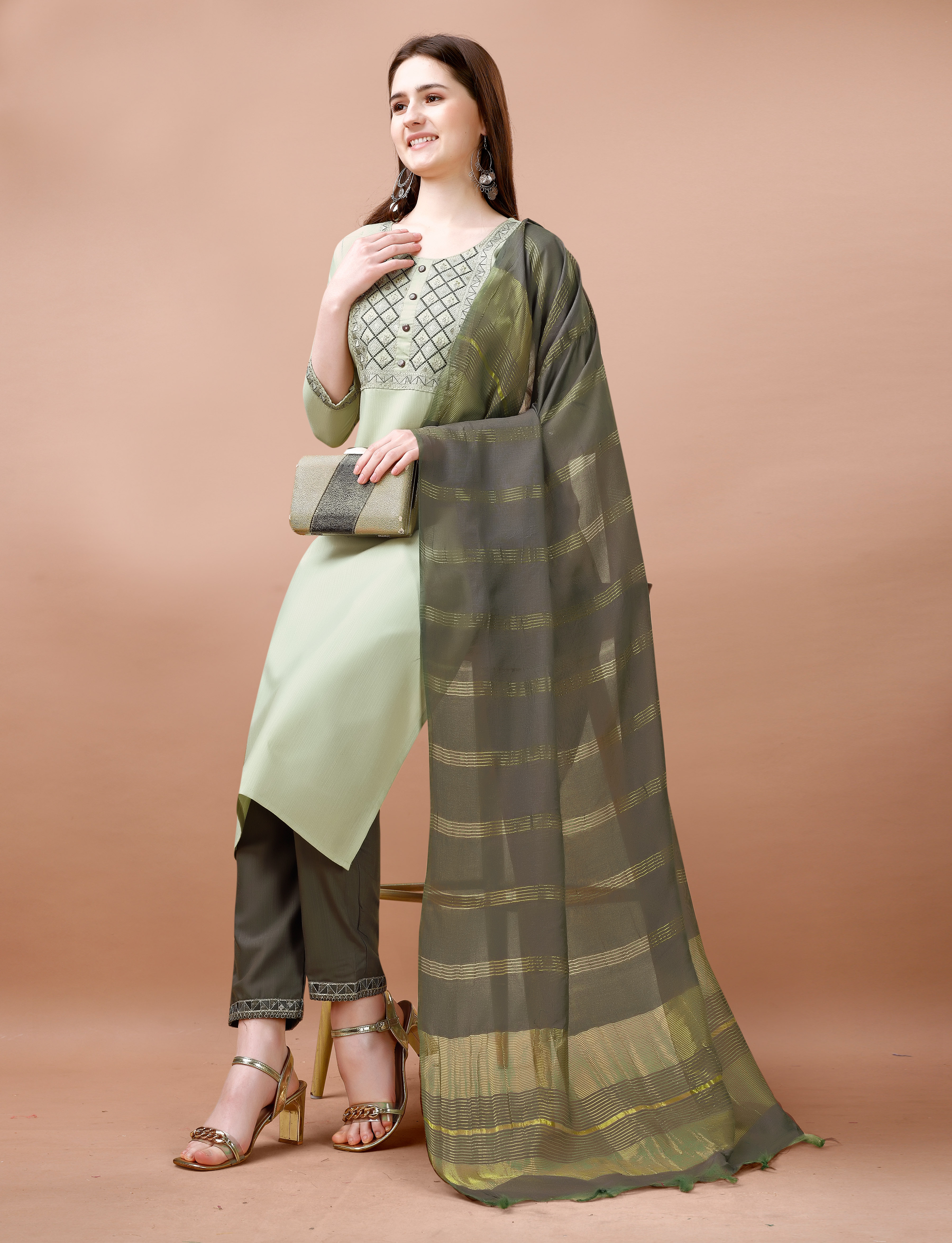 Sage Green Embroidered Cotton Kurta Pant Dupatta Set