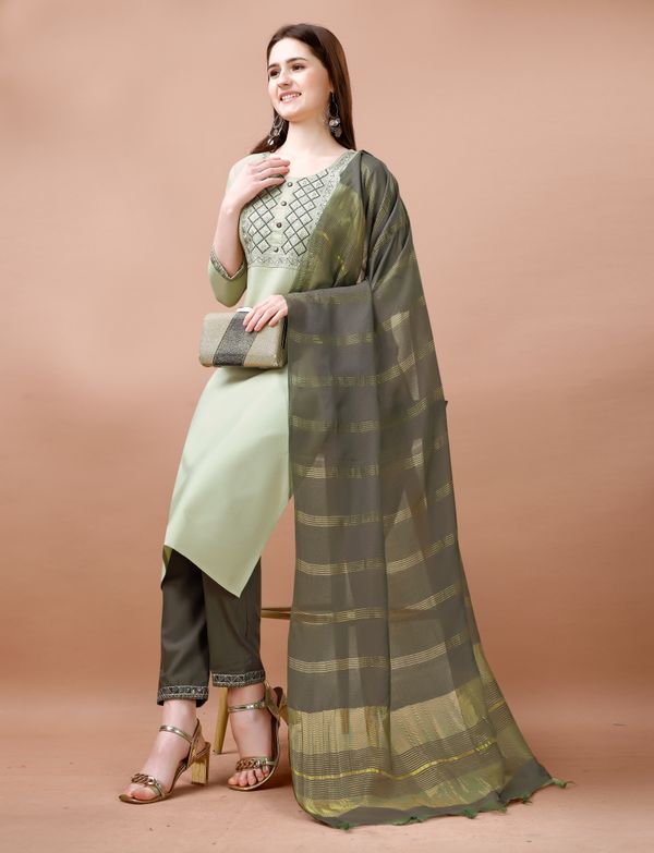 Sage Green Embroidered Cotton Kurta Pant Dupatta Set