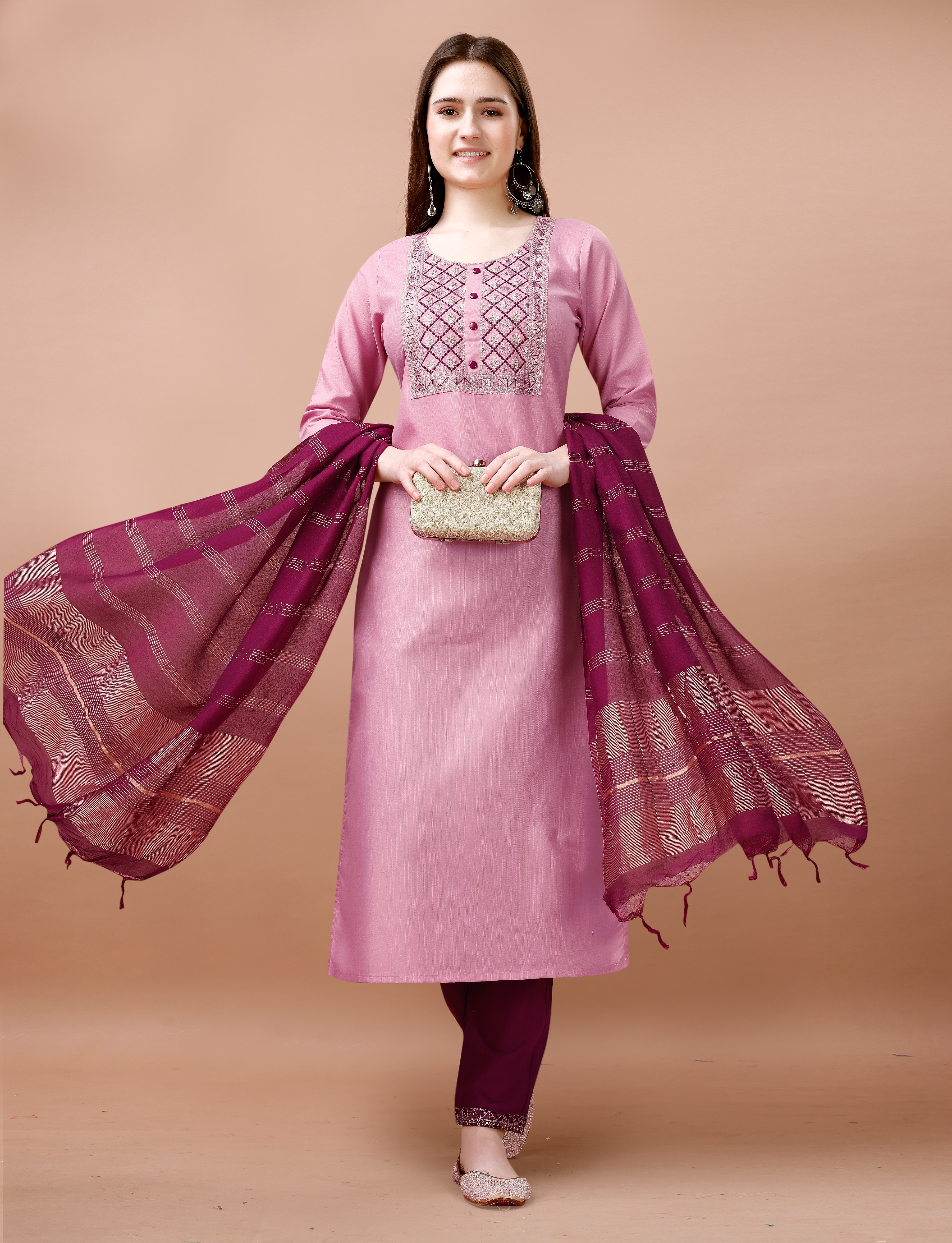 Blush Pink Embroidered Kurta Pant Dupatta Set Women
