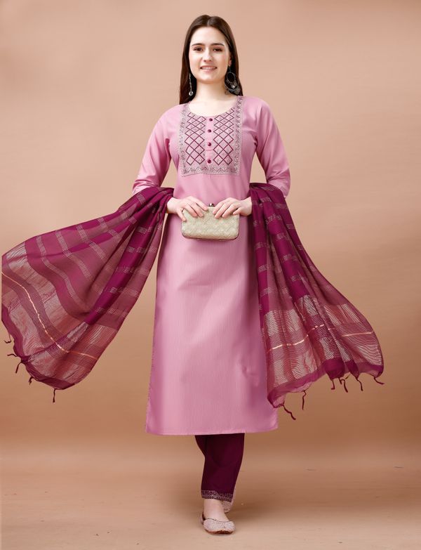 Blush Pink Embroidered Kurta Pant Dupatta Set Women
