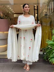 Ivory Floral Embroidered Chanderi Silk Kurta Set Women - Cream