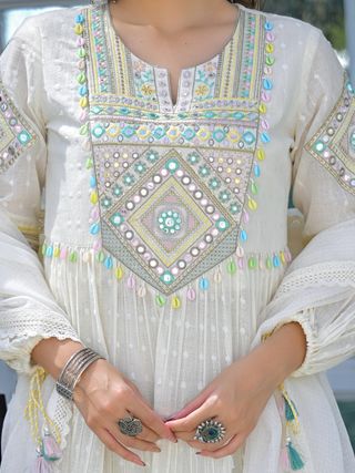 Ivory Mirror Embroidered Cotton Kurta Set with Dupatta