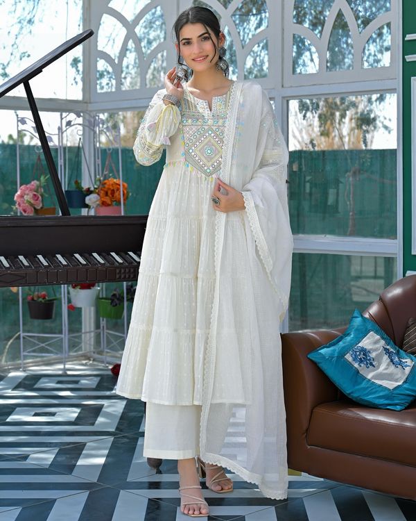 Ivory Mirror Embroidered Cotton Kurta Set With Dupatta