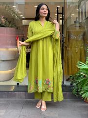 Olive Green Embroidered Chanderi Silk Kurta Set With Dupatta - Olive