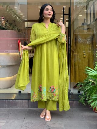 Olive Green Embroidered Chanderi Silk Kurta Set with Dupatta