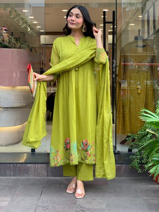 Olive Green Embroidered Chanderi Silk Kurta Set with Dupatta