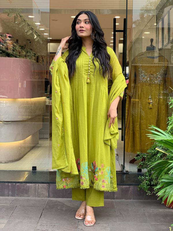 Olive Green Embroidered Chanderi Silk Kurta Set With Dupatta