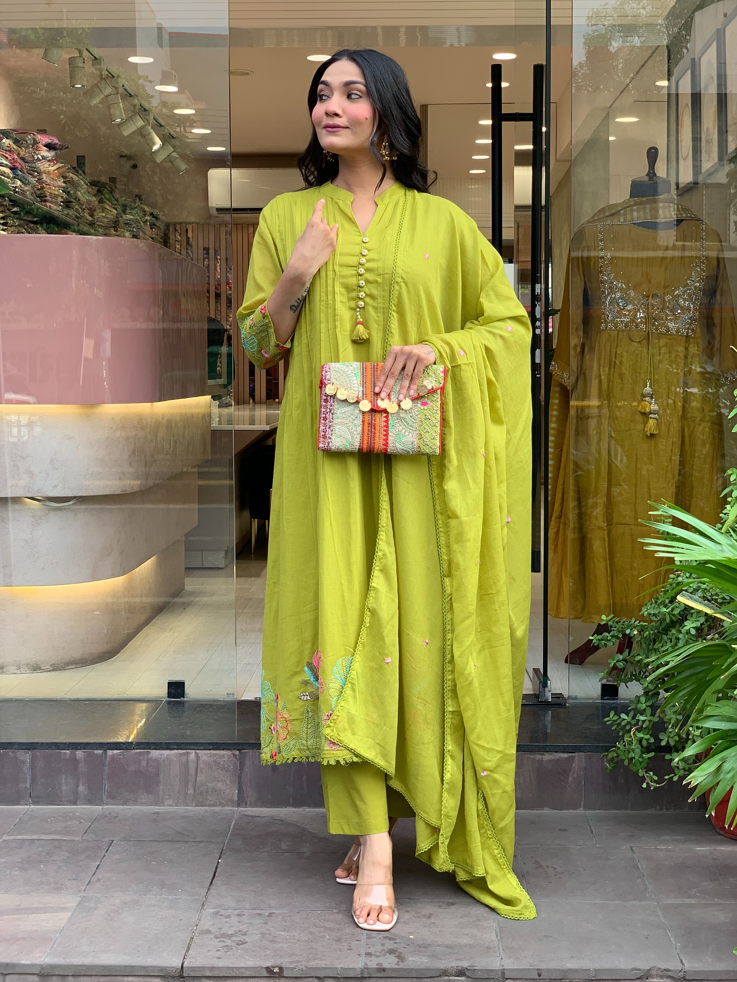 Olive Green Embroidered Chanderi Silk Kurta Set With Dupatta