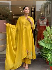 Mustard Yellow Embroidered Chanderi Silk Kurta Set - Mustard