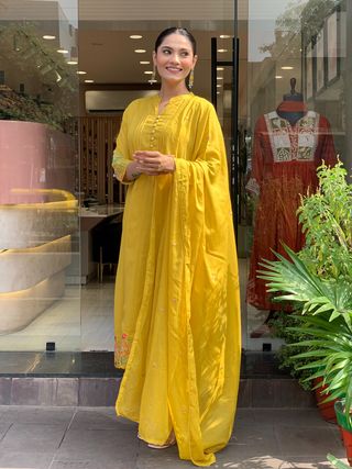 Mustard Yellow Embroidered Chanderi Silk Kurta Set