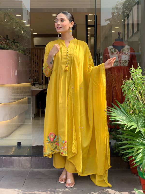 Mustard Yellow Embroidered Chanderi Silk Kurta Set