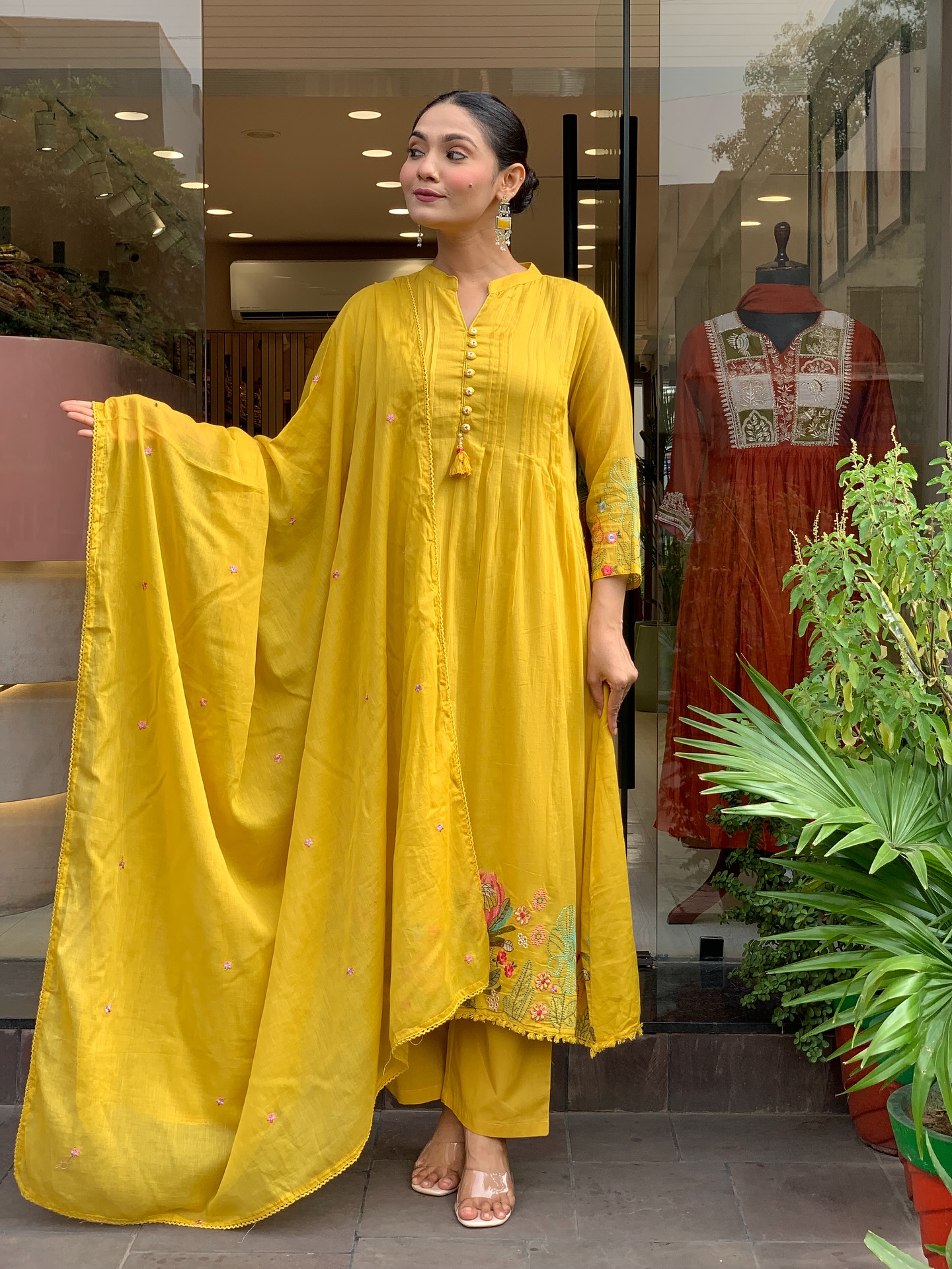 Mustard Yellow Embroidered Chanderi Silk Kurta Set