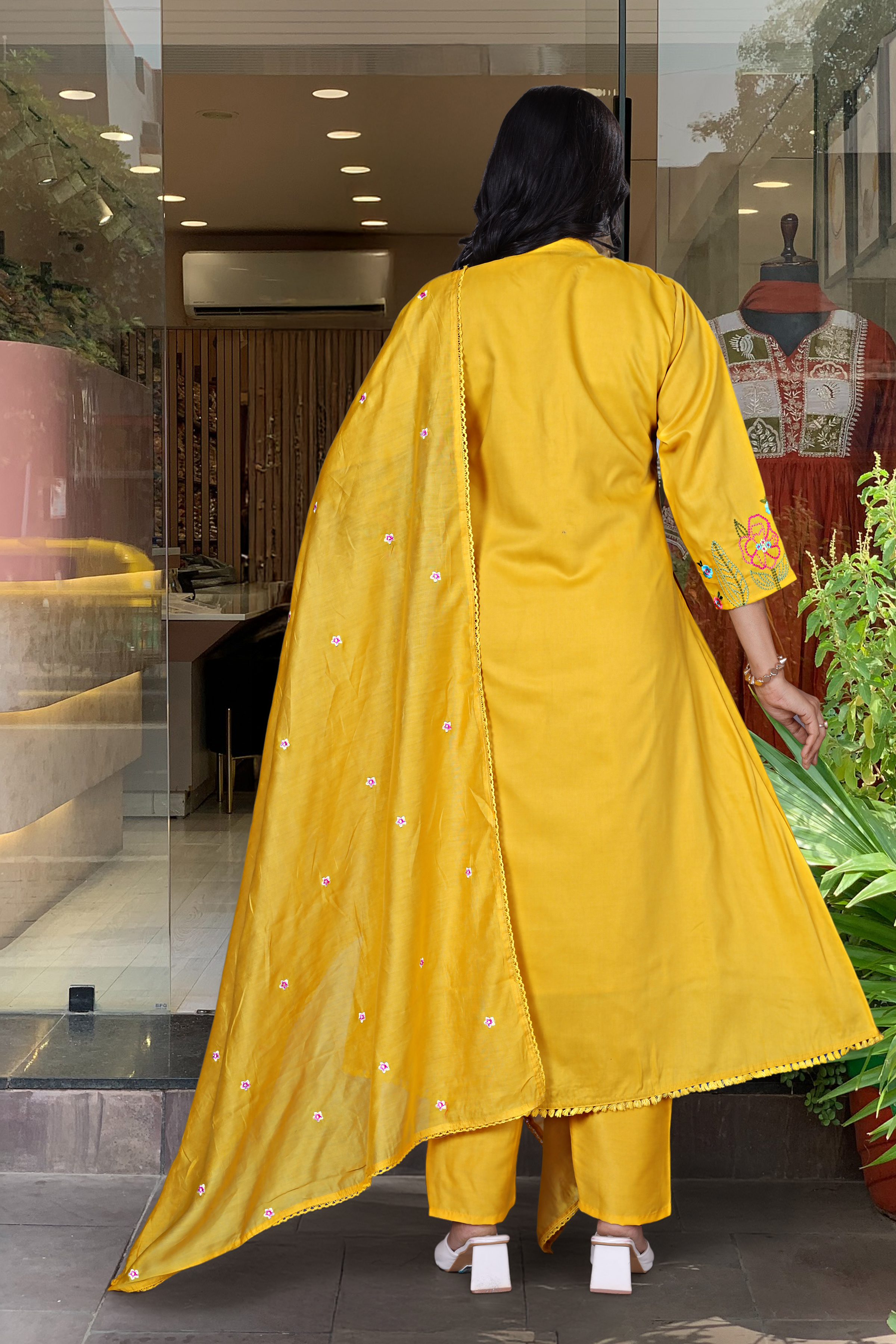 Mustard Yellow Embroidered Chanderi Silk Kurta Set