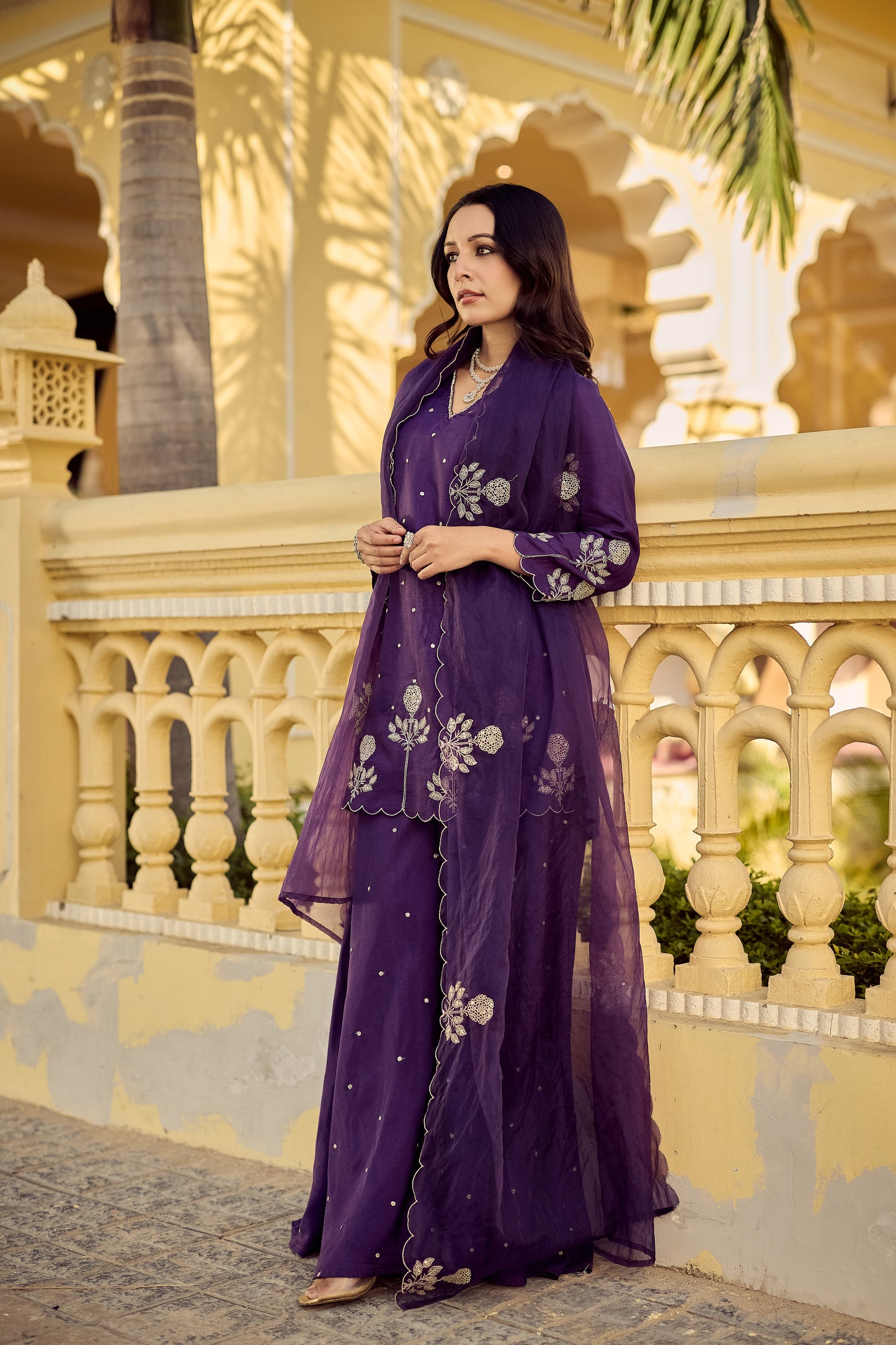 Purple Embroidered Chanderi Kurta Palazzo Dupatta Set