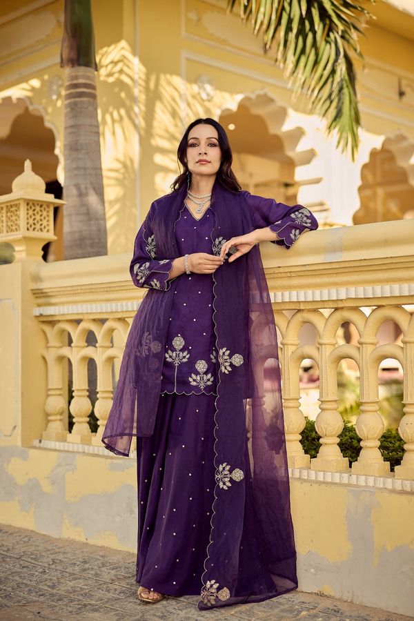 Purple Embroidered Chanderi Kurta Palazzo Dupatta Set