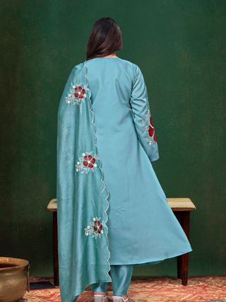 Sky Blue Floral Embroidered Chanderi Kurta Set Women