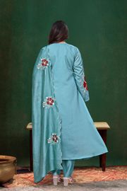 Sky Blue Floral Embroidered Chanderi Kurta Set Women - Sky Blue