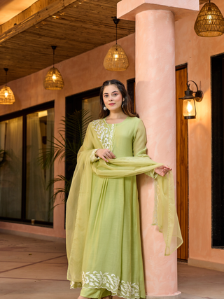 Pista Green Embroidered Chanderi Kurta Dupatta Set