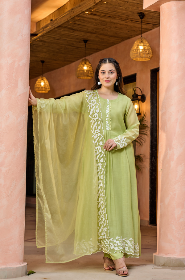 Pista Green Embroidered Chanderi Kurta Dupatta Set