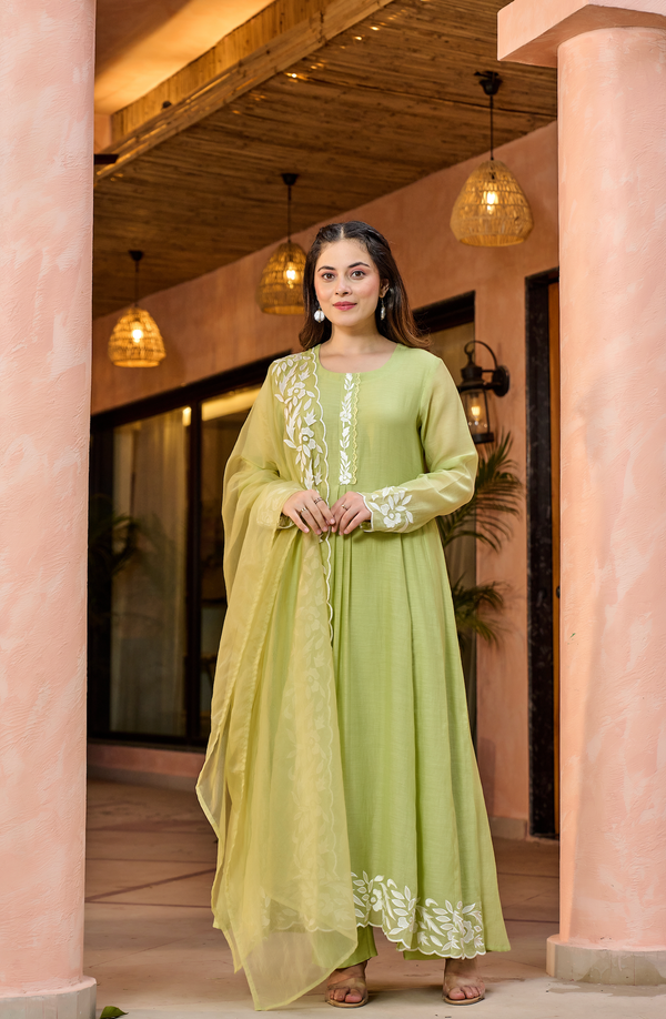 Pista Green Embroidered Chanderi Kurta Dupatta Set