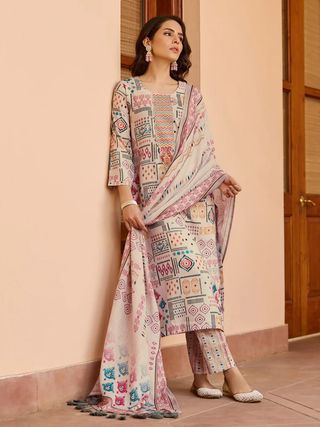 Cream Printed Cotton Kurta Pant Dupatta Set for Women