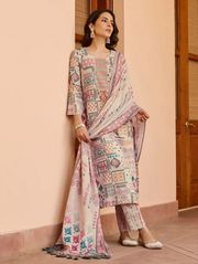 Cream Printed Cotton Kurta Pant Dupatta Set for Women - Cream