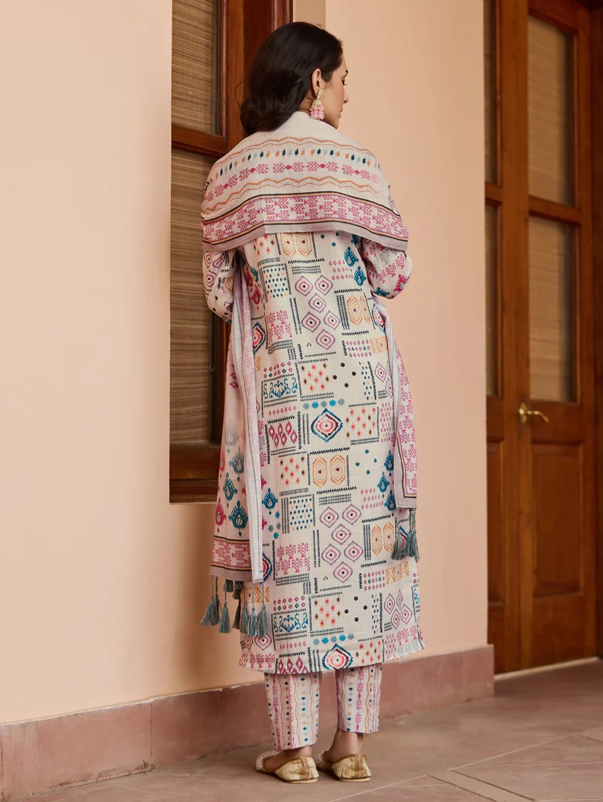 Cream Printed Cotton Kurta Pant Dupatta Set for Women