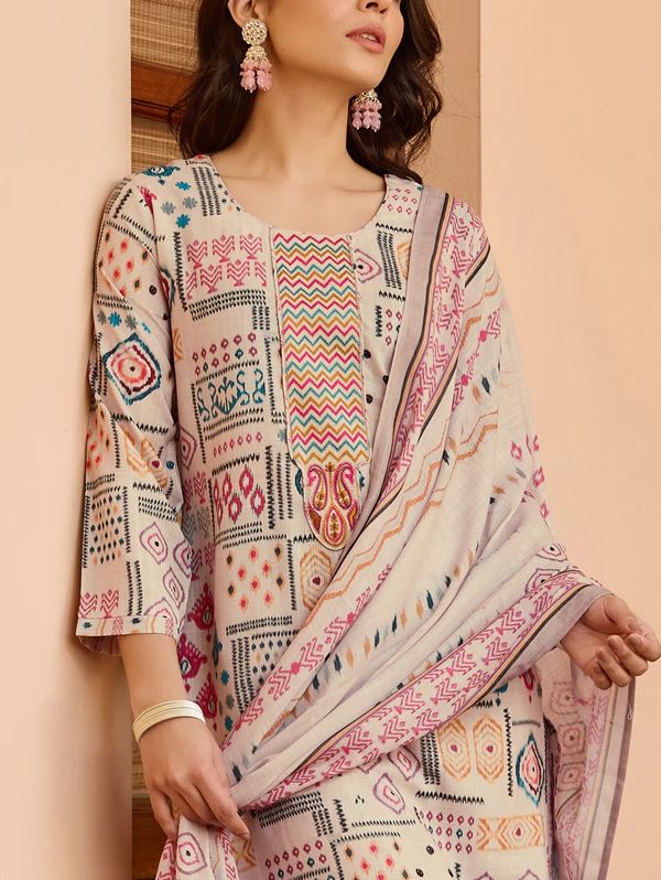 Cream Printed Cotton Kurta Pant Dupatta Set for Women