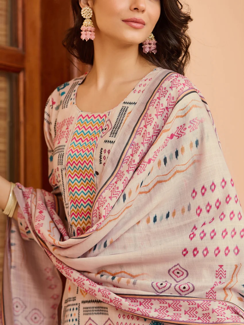 Cream Printed Cotton Kurta Pant Dupatta Set for Women
