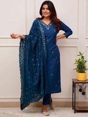 Cerulean Blue Embroidered Tesla Fabric Kurta Pant Dupatta Set for Women - Blue
