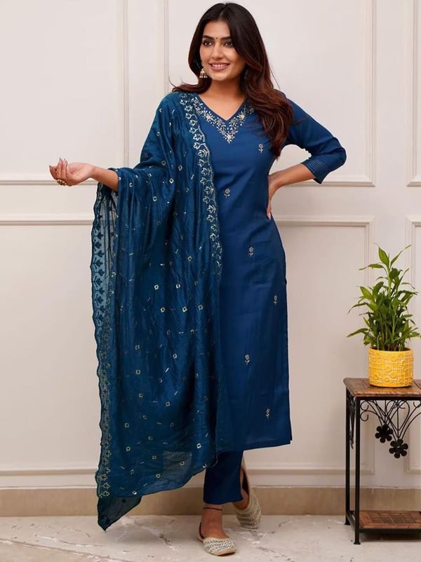 Cerulean Blue Embroidered Tesla Fabric Kurta Pant Dupatta Set For Women