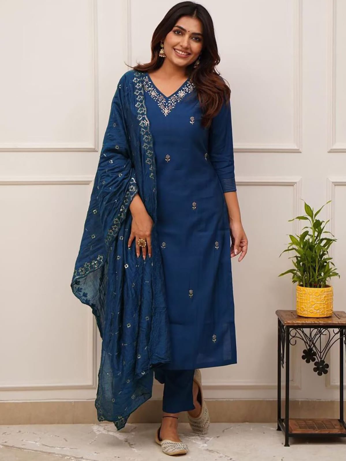Cerulean Blue Embroidered Tesla Fabric Kurta Pant Dupatta Set for Women