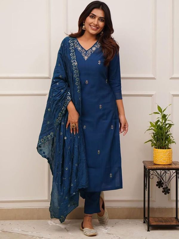 Cerulean Blue Embroidered Tesla Fabric Kurta Pant Dupatta Set For Women