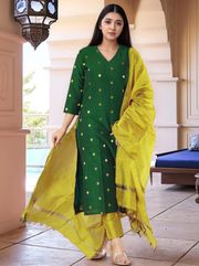 Elegant Green Art Silk Kurta Set with Dupatta - Green