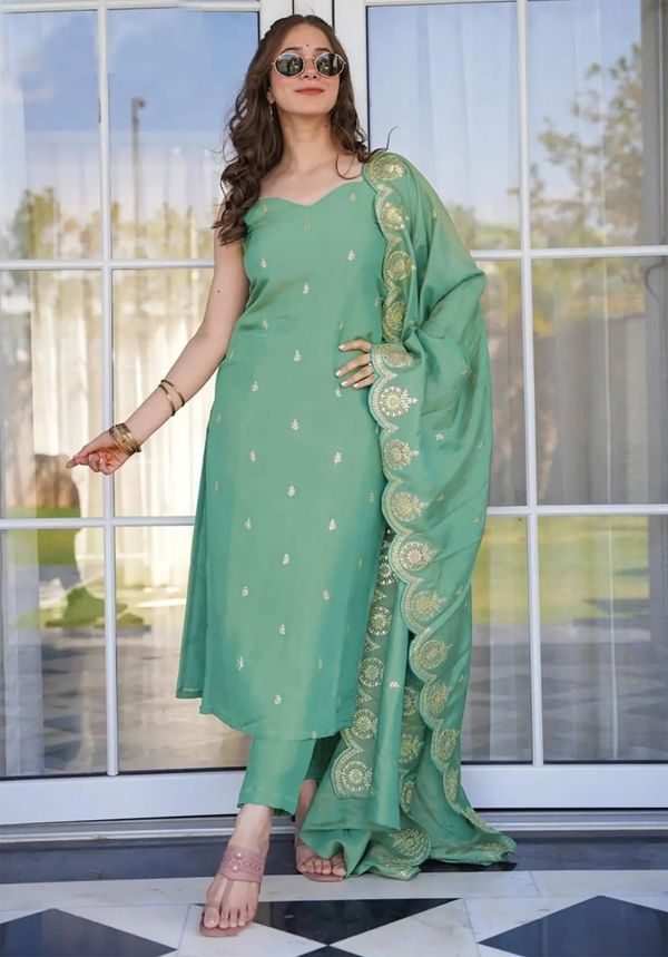Light Green Embroidered Ethnic Suit Set For Women