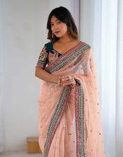 Peach Embroidered Net Party Wear Saree with Blouse - Peach