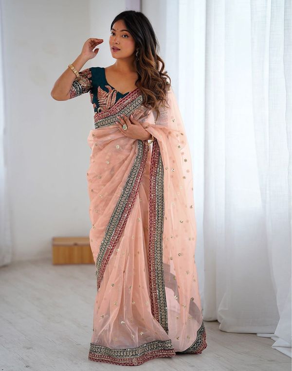 Peach Embroidered Net Party Wear Saree With Blouse