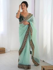Sky Blue Party Wear Saree with Embroidered Blouse - Sky Blue