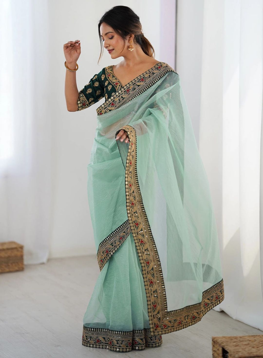 Sky Blue Party Wear Saree with Embroidered Blouse