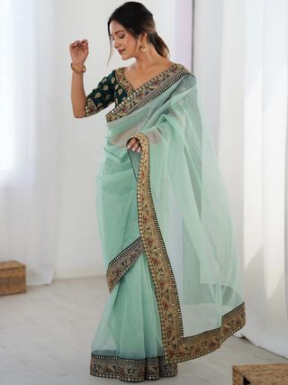 Sky Blue Party Wear Saree with Embroidered Blouse