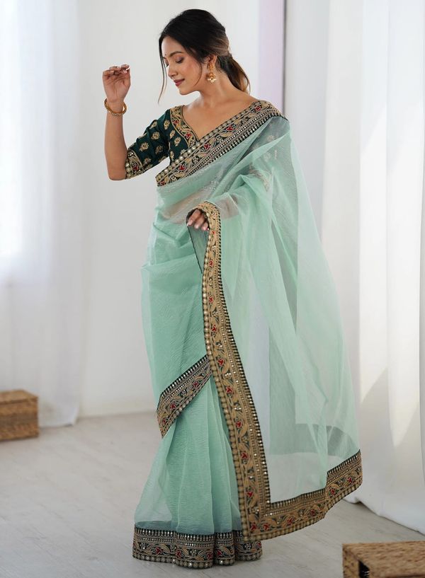 Sky Blue Party Wear Saree With Embroidered Blouse