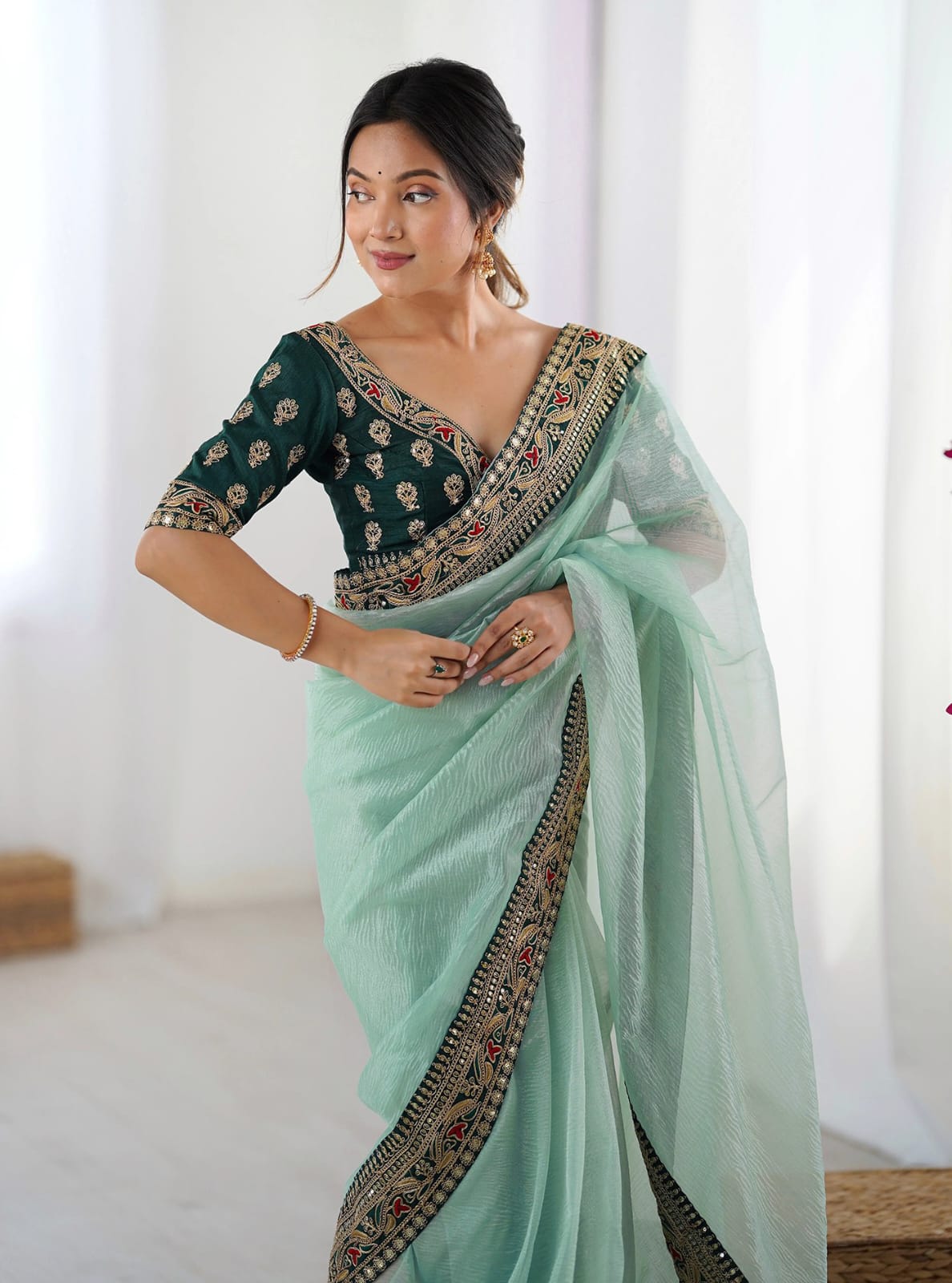 Sky Blue Party Wear Saree with Embroidered Blouse