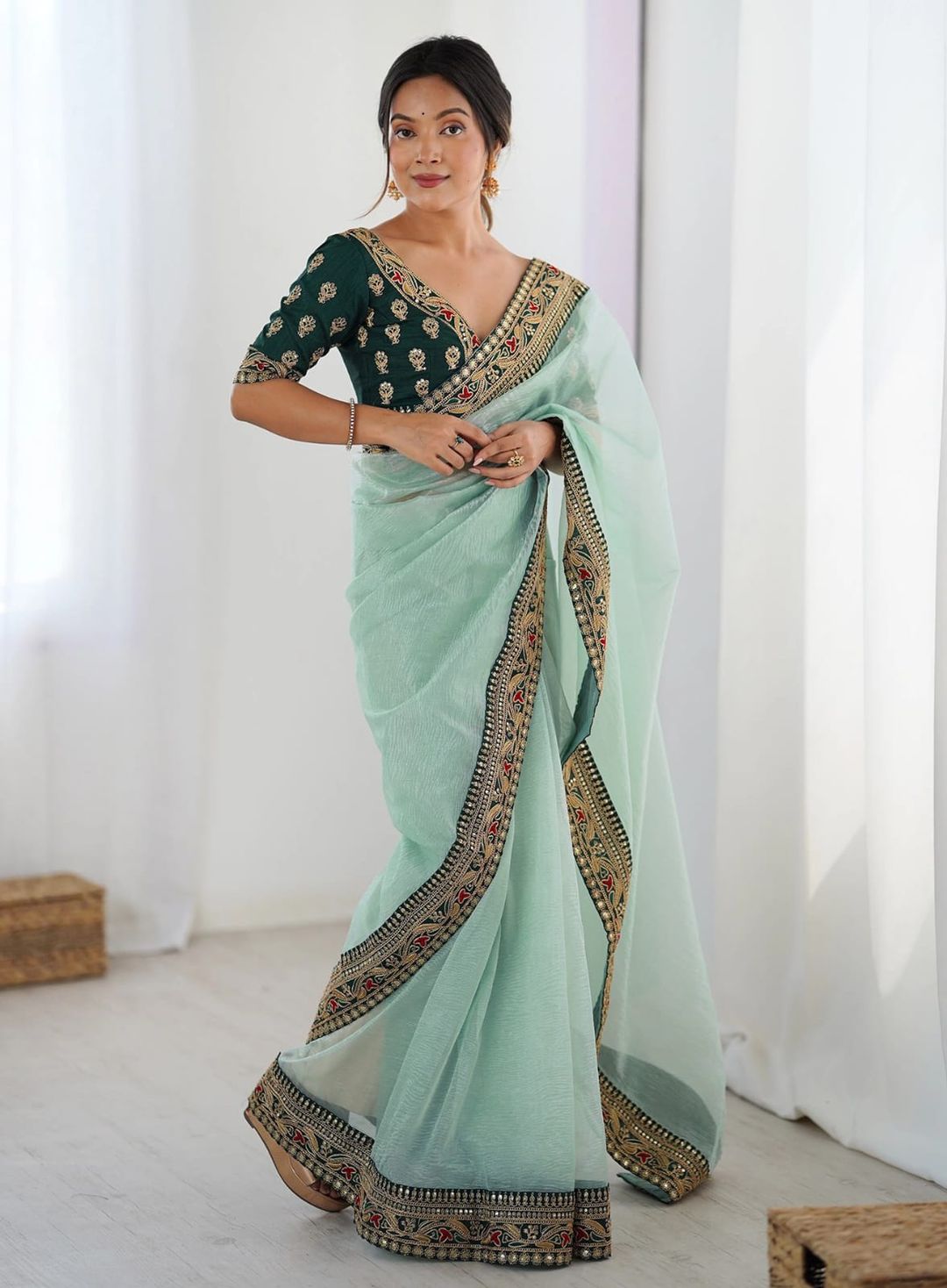 Sky Blue Party Wear Saree with Embroidered Blouse