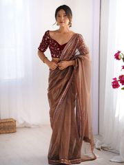 Elegant Brown Net Saree with Embroidered Blouse - Brown