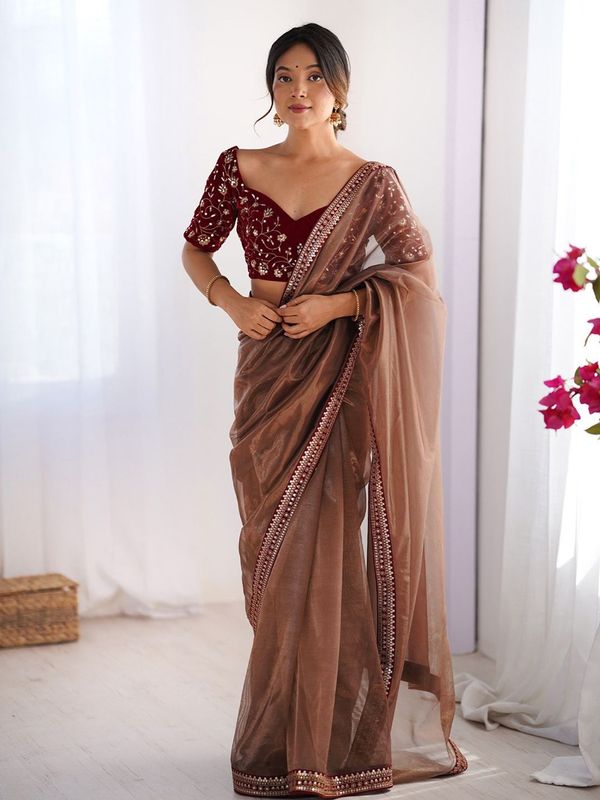 Elegant Brown Net Saree With Embroidered Blouse