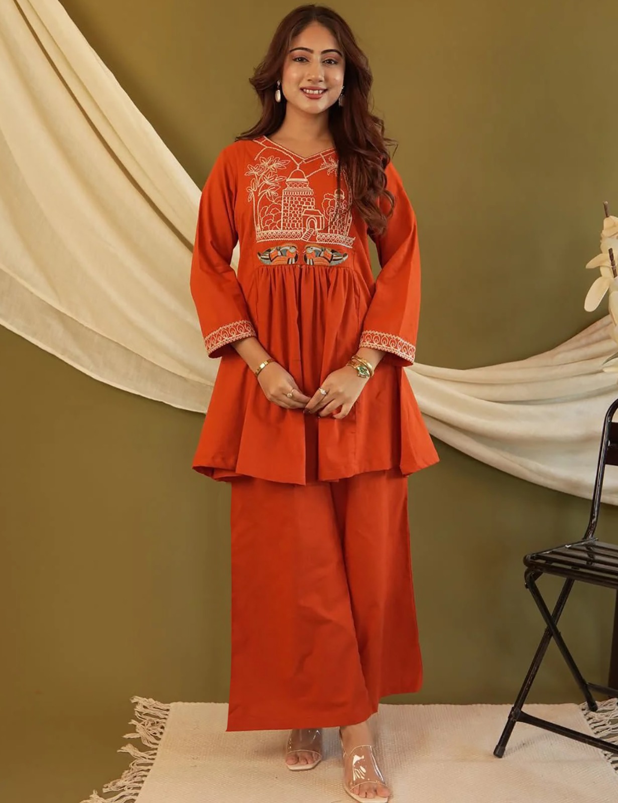 Stylish Rust Orange Ethnic Co-Ord Set for Women