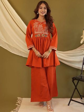 Stylish Rust Orange Ethnic Co-Ord Set for Women