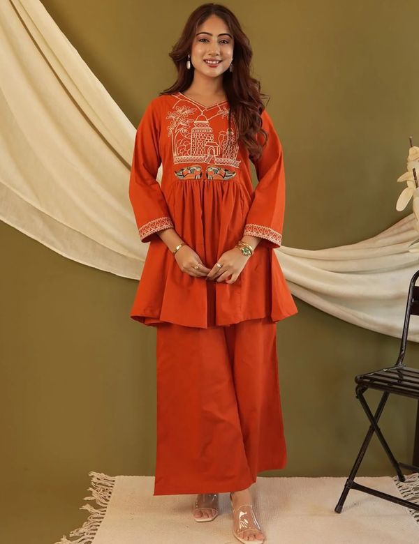 Stylish Rust Orange Ethnic Co-Ord Set For Women